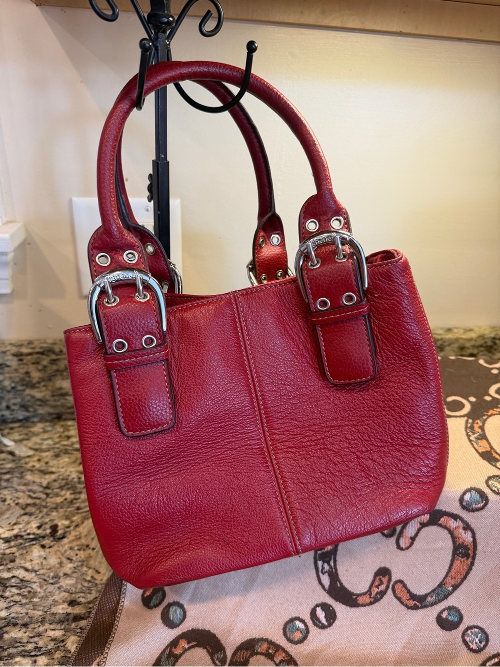 Tignanello Red Leather Shoulder Bag with Buckle Accents